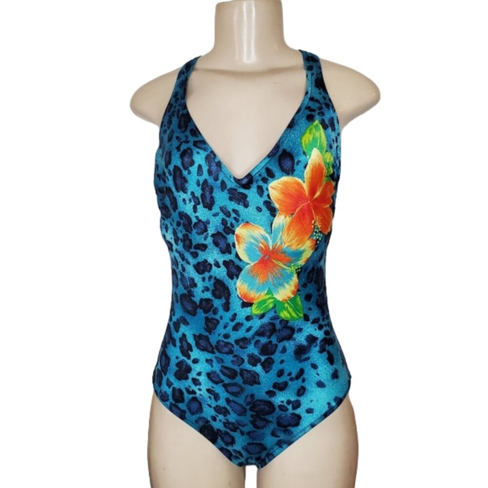 Vintage Carol Wior Blue Leopard Floral Swimsuit 12
